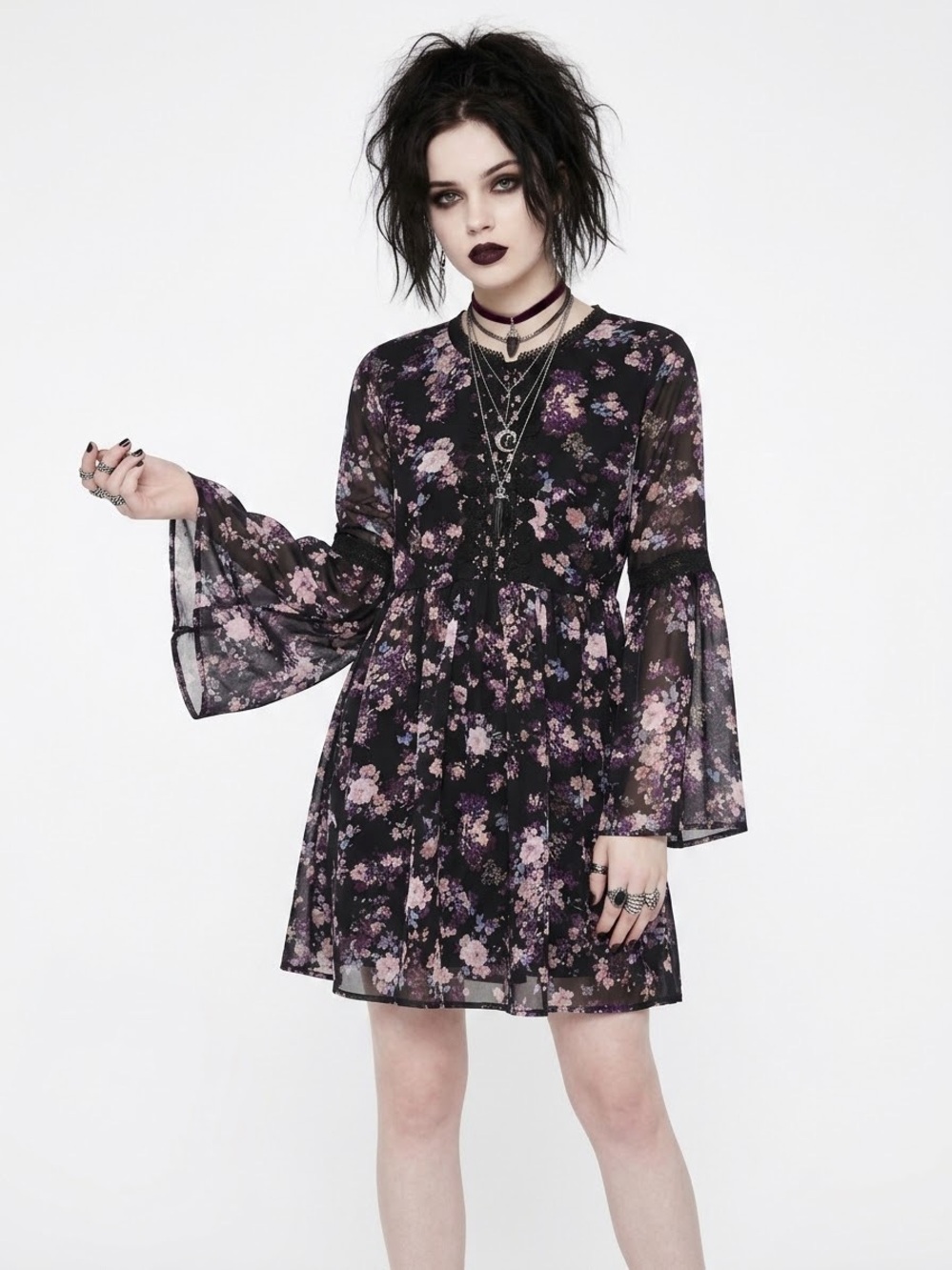 Whimsigoth Sheer Bell Sleeve Dark Floral Mini Dress Witchy Fairy Grunge Feminine